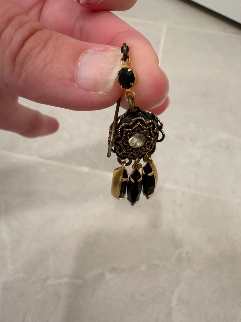 Vintage Black and Gold Tone Chandelier Earrings - Picture 2 of 6
